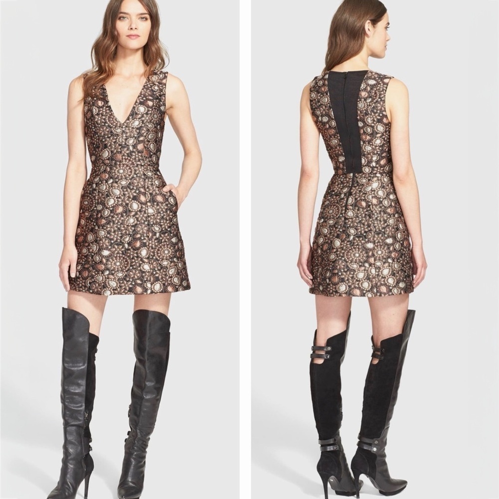 Alice + Olivia Pacey Metallic Brocade V-Neck Women’s Mini Dress with Pockets NEW